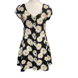 Mudd Womens Dress Small Black Daisies Flowers V‎ Button Up Neck Summer Casual